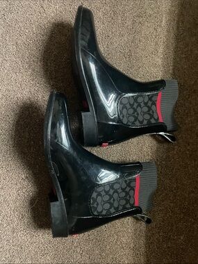 Coach Black Patent Chelsea Rain Boots with Red Accent
